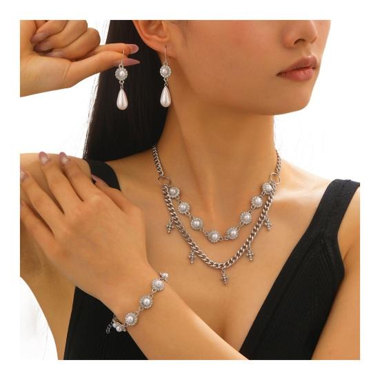 3Pcs/Set Women Jewelry Set Rhinestones Inlaid Imitation Pearls Charm Necklace Drop Earrings Bracelet Set Dating Commuting Jewelry