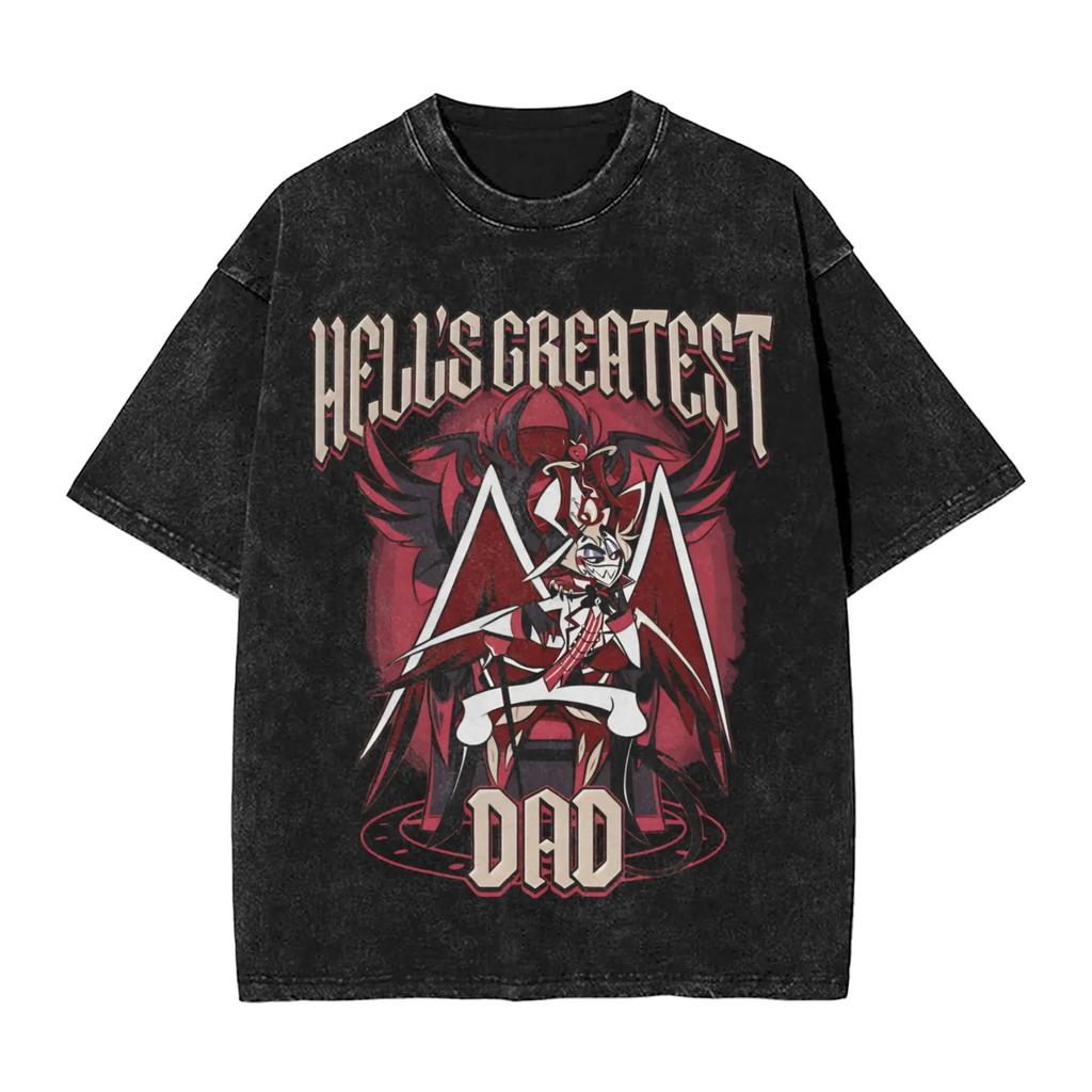 Anime Hazbin Hotel Lucifer Morningstar Manga Graphic Print Tshirt Men Women Summer Vintage Washed O-neck Cotton Tee Oversize Top