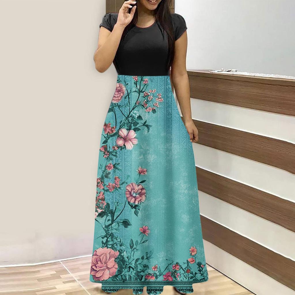 Женская мода повседневные свободные принтованные платья с круглым вырезом и коротким рукавом длинные платья с коротким рукавом длинные платья