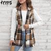 YYFS Женская мода повседневная клетчатая печать осень-зима без рукавов поло воротник куртки и пальто