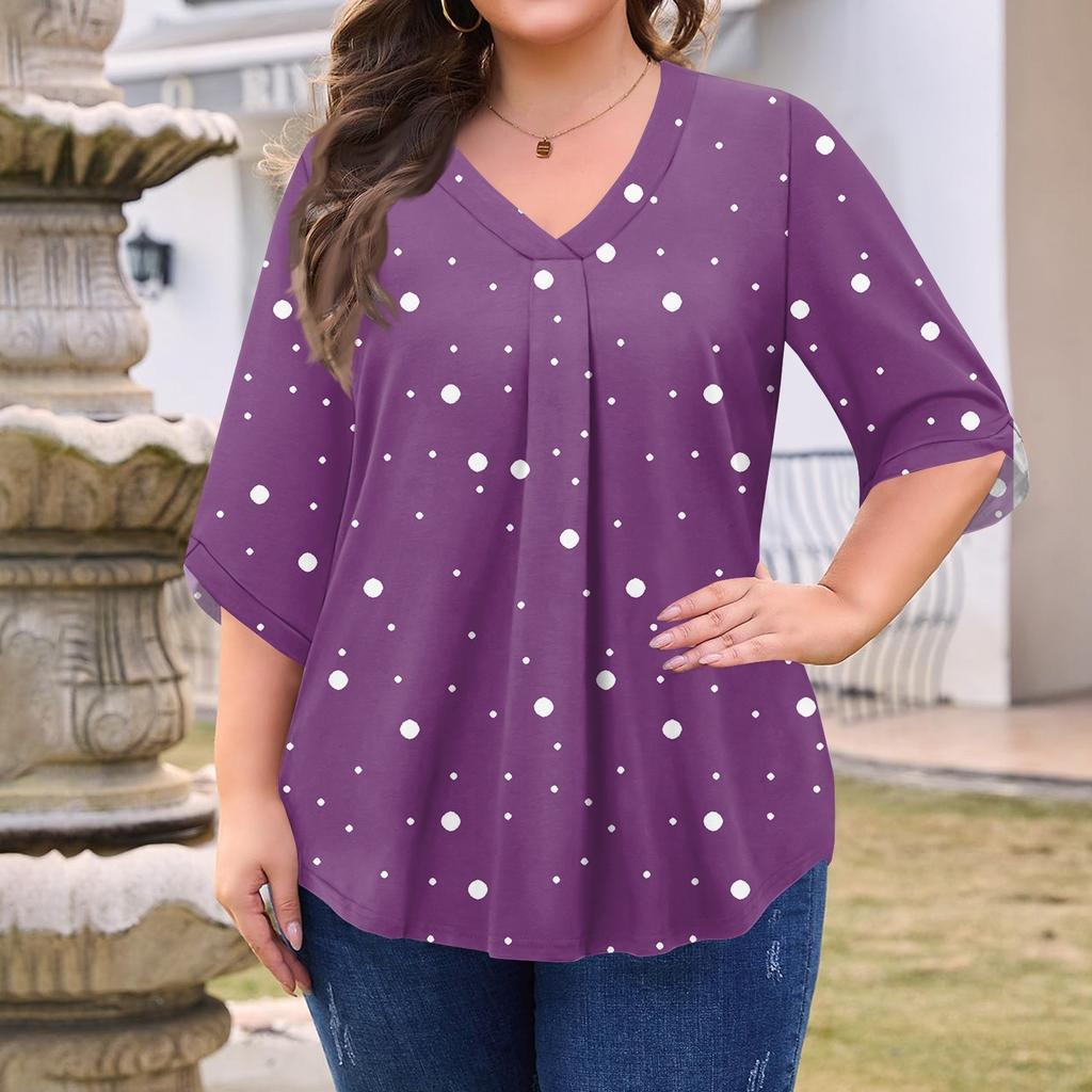 Women's Fashion Large Size Print V-Neck Three-quarter Sleeve Top