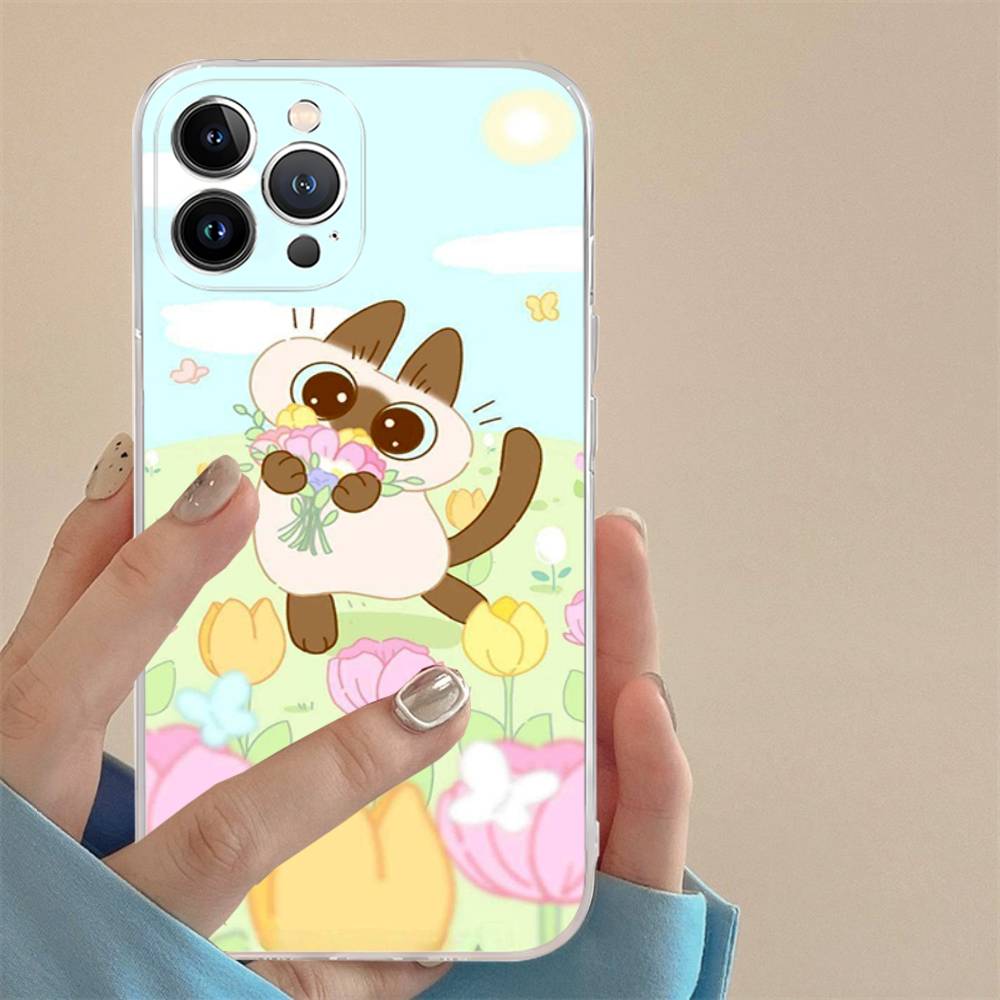 Мультяшная пара сиамских кошек TPU Силиконовый чехол для IPhone 11 12 13 14 15 16 17 Pro Max Ударопрочный Прозрачная задняя крышка