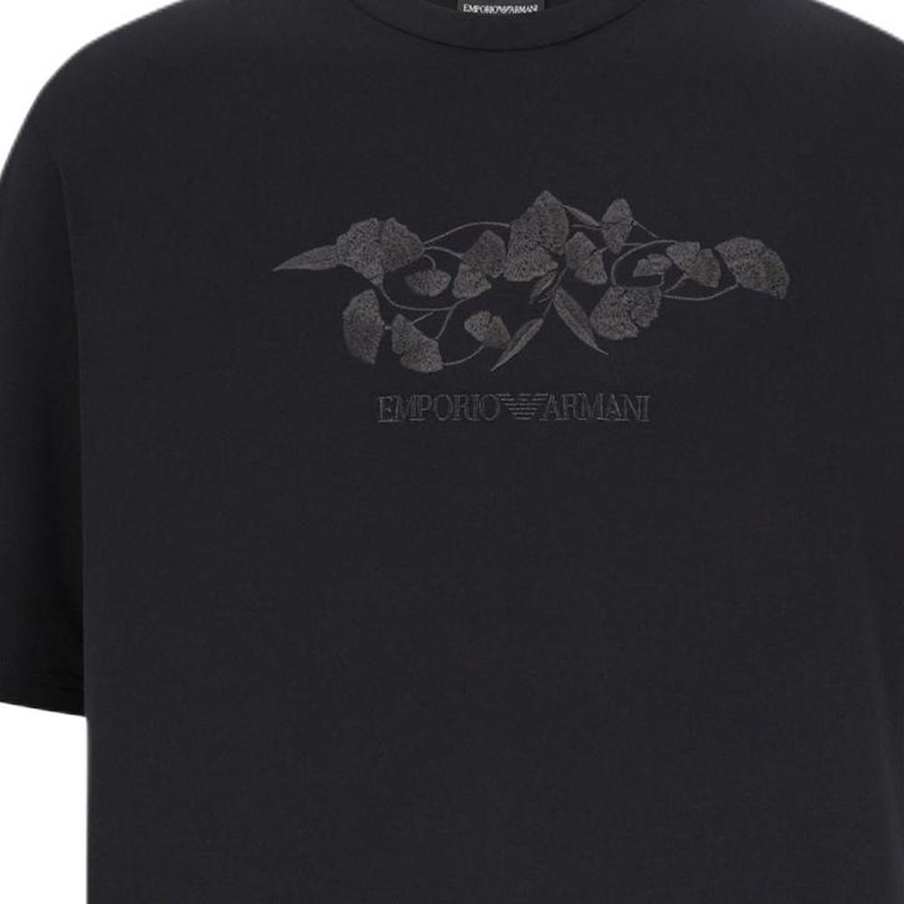 Emporio Armani Логотип-Буква Вышивка Гинкго Свободная Круглый Вырез Короткий Рукав Футболка Мужские топы Черный 3D1T9S-1J7FZ-0999