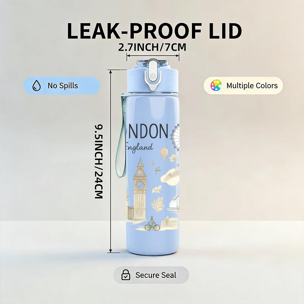 1PC London City Map 750ml Color Plastic Sports Water Bottle Leakproof Flip Straw Lid For Sports Office Home Use