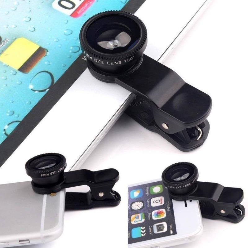 Black 3in1 Fish Eye+Macro+Wide Angle Clip On Camera Lens Kit for Iphone Samsung