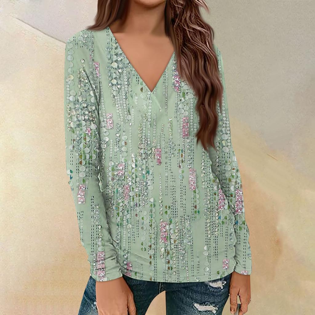 Women's Casual Printed Long Sleeve Loose V-Neck Pullover Top