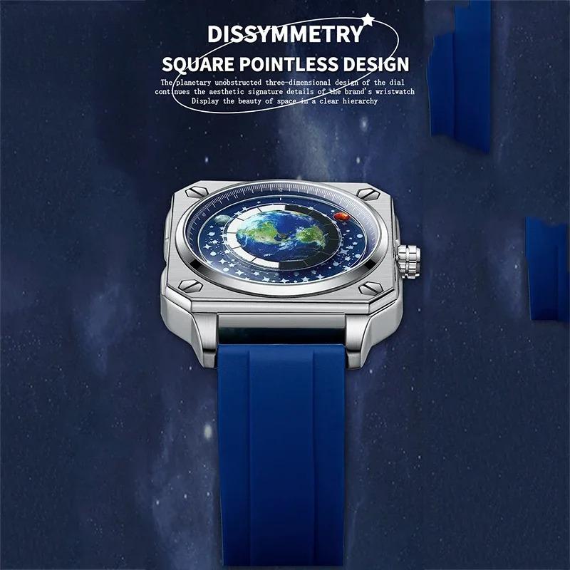 Часы Earth Watch для мужчин Вращающийся циферблат Земли Новый концепт Креативная синяя планета Немеханический указатель Силиконовый ремешок Мужские часы