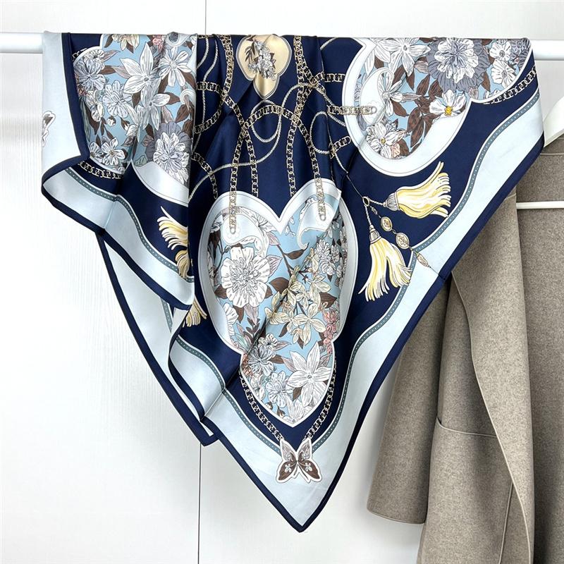 88*88cm 100% Mulberry Silk Retro Floral Garden Oil Painting Pattern Square Scarf Thin Sunblock Beach Towel Shawl Neckerchief