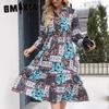 Женская мода осень-зима цветочный принт длинный рукав V-образный вырез тонкий повседневные платья