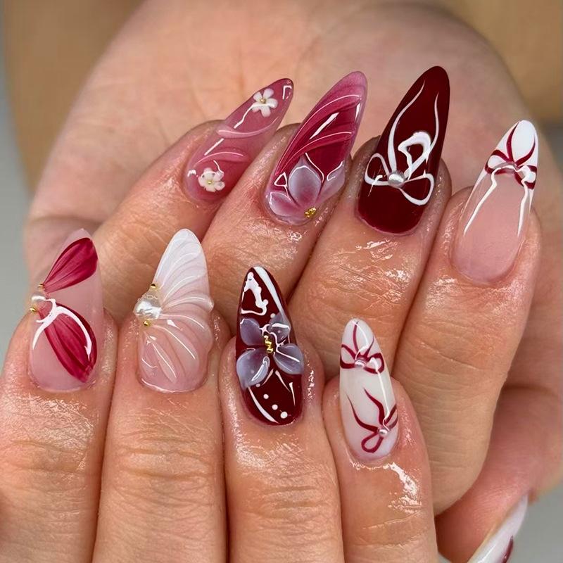 Three-dimensional ice-through flower striped bow, gentle temperament ins wind removable nail art pieces 24 pieces