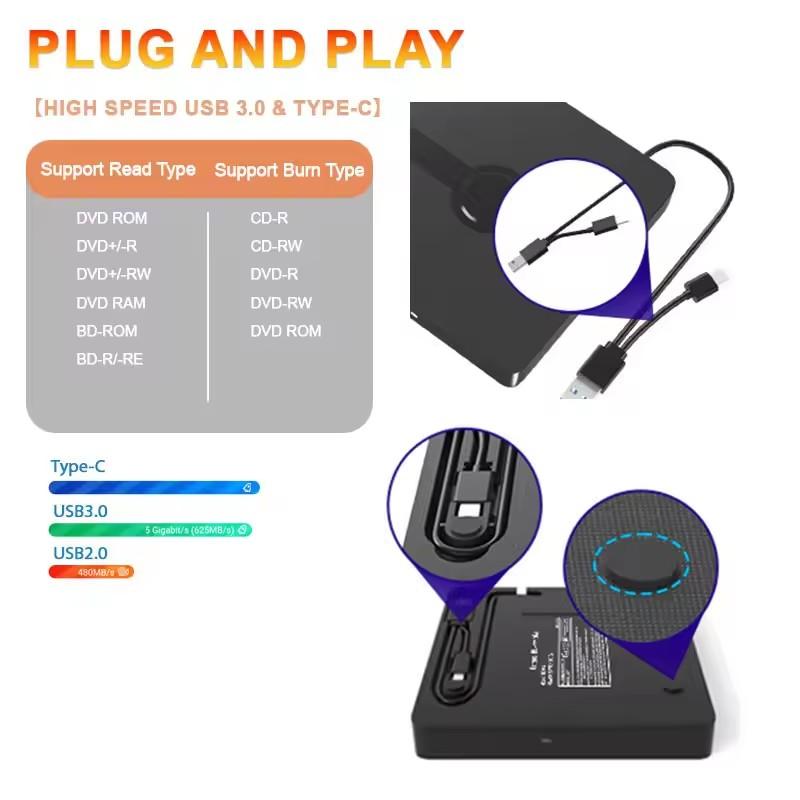 Внешний привод Blu-ray USB 3.0 Портативный 3D BD-Combo Оптический привод CD DVD Проигрыватель CD Пишущий привод Читатель для ноутбука ПК Windows 11/10 Mac