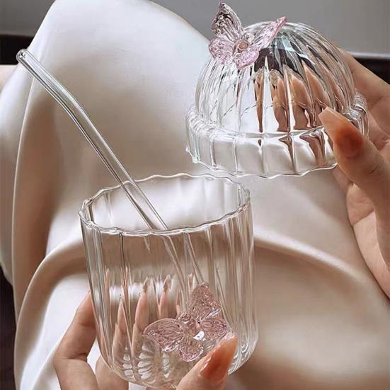 Стеклянная чашка-бабочка с соломинкой и крышкой 400 мл Стакан для питья-бабочки Ретро кружка для кофе Чайная чашка для сока, пива, виски