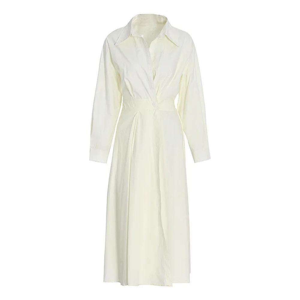 Женский хлопковый свободный элегантный хлопковый сарафан с лацканами и высокой талией, длинный рукав, длинное платье-рубашка