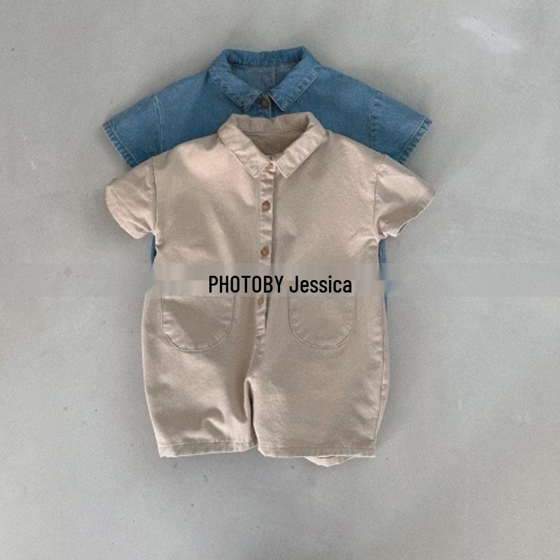 2024 Летний Унисекс Детский Корейский Джинсовый Ромпер Шорты - Модный Комбинезон для Младенцев и Малышей для Прогулок и Ползания