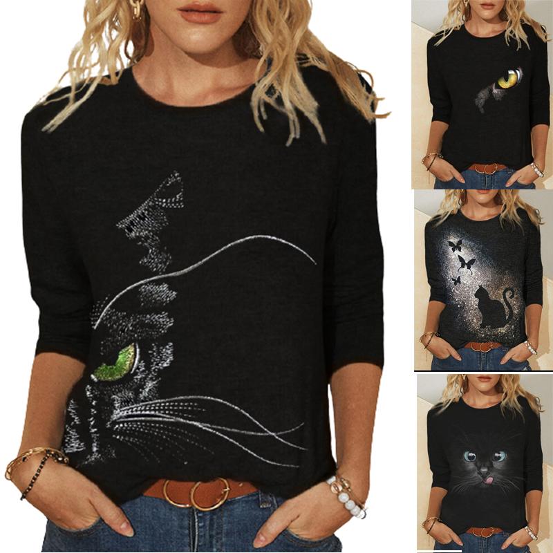 Женская черная футболка с 3D принтом кота, новая весенне-осенняя свободная повседневная футболка с длинным рукавом, женская футболка с круглым вырезом