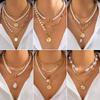 Vintage Metal Disc Pendant Snake Bone Chain Necklace Ins Wind Baroque Special-shaped Pearl Collarbone Chain