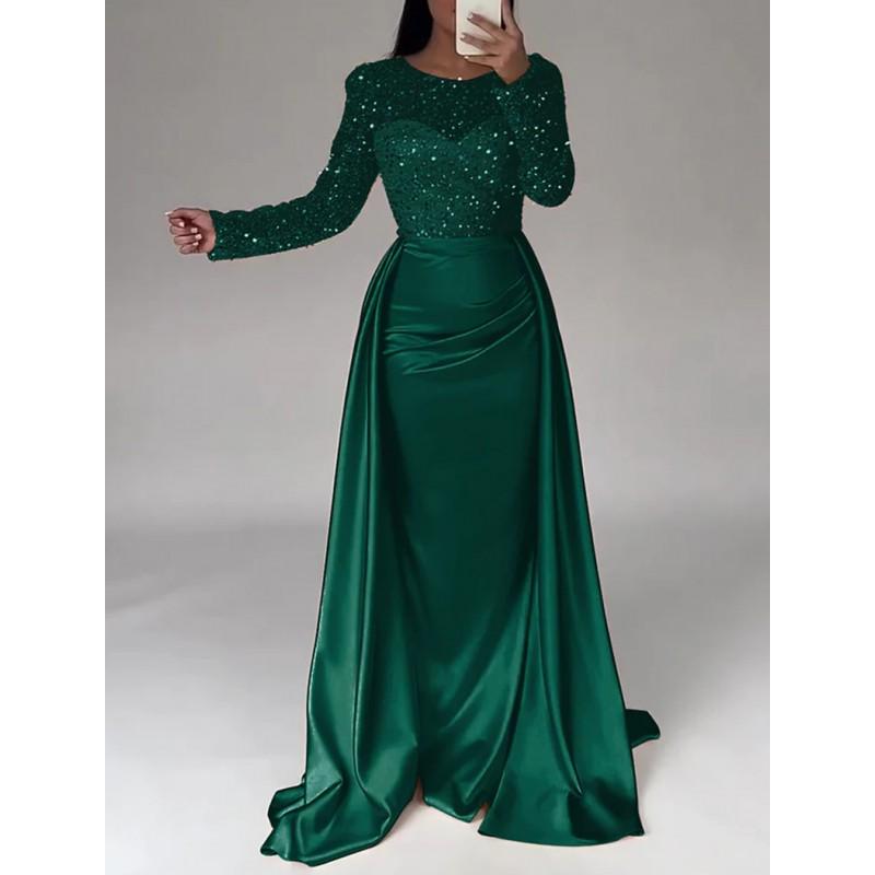 2026 Womens Long Sleeve Sequin Evening Gown Banquet Party Prom Celebrity Style