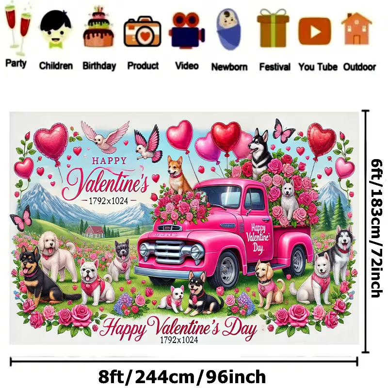 2D Pink Truck Rose Puppy Backdrop Valentine Shoot Banner