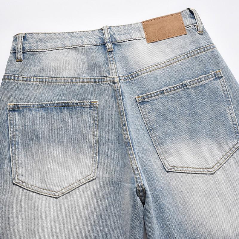 Mens Loose Straight Leg Jeans Ripped Distressed Denim Pants Streetwear Style Casual All-match Trousers