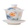 Ice seed jade porcelain hovering Sancai cover bowl Dehua white porcelain Kung Fu tea set household tea brewer gift hand-painted household