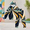 Girls Geometric Printed Red Black White Hooded Long Sleeve Kangaroo Pocket Two Piece Pants Set
