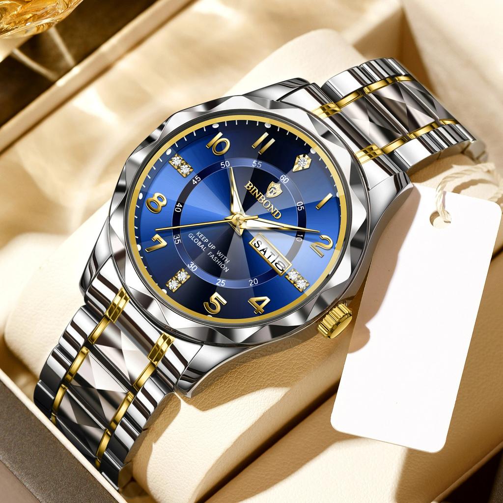 BINBOND Luxury Men Quartz Watch Waterproof Date Week Luminous Wristwatch Stainless Steel Men's Watches Male Clock