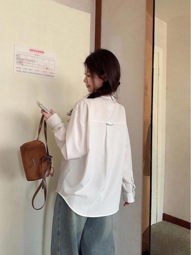 Женская белая рубашка-поло с галстуком - Колледж-стиль, Защита от солнца, Для носки с весны по осень