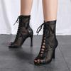 10CM High Heel Dance Hollow Out Ankle Strap Sandal Boots Fashion Summer Lace Up Cross-tied Peep Toe Lady Party Shoes