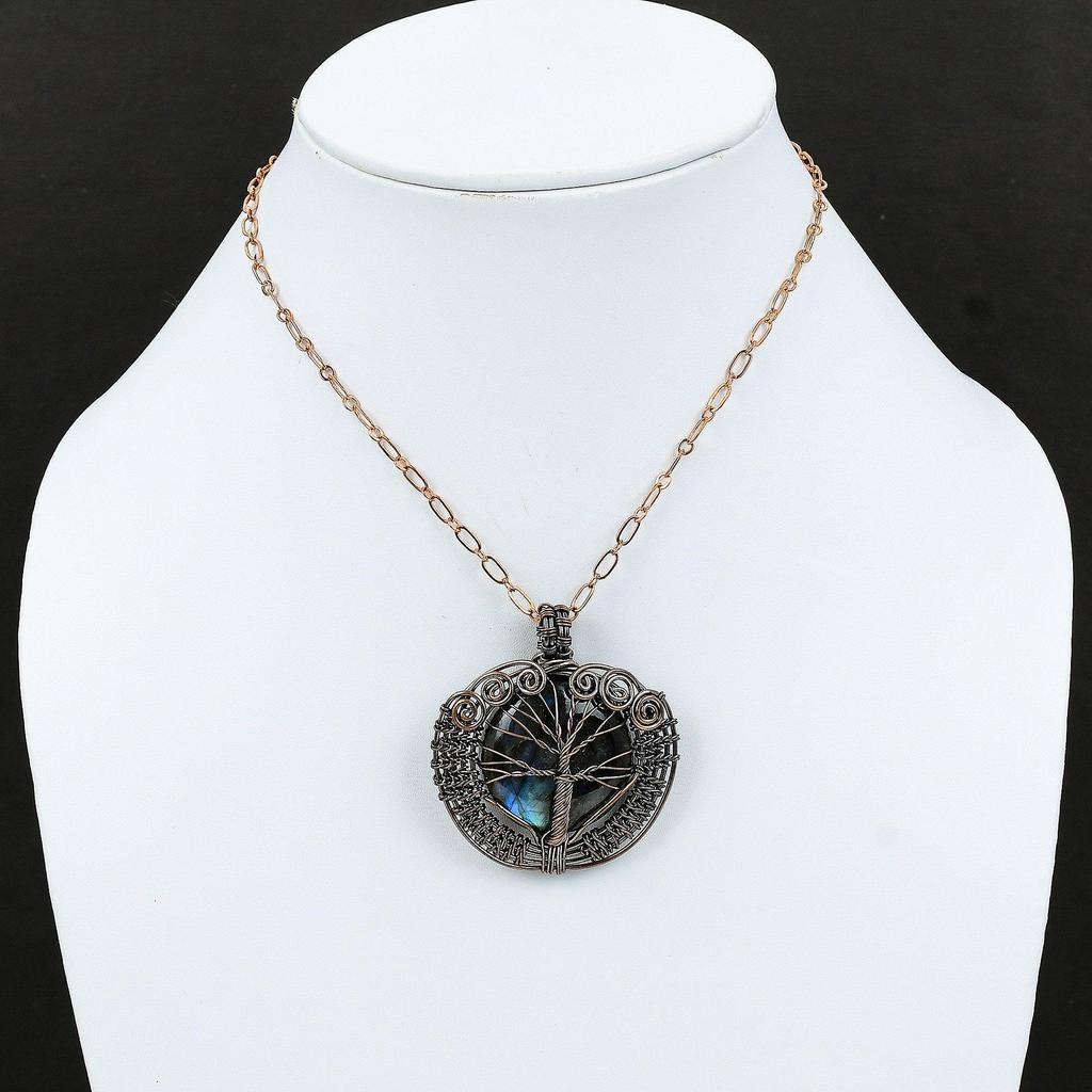 Подвеска из лабрадорита «Дерево жизни», подвеска из медной проволоки, драгоценный камень, ювелирные изделия ручной работы, кулон с лечебным камнем, подарок для матери, медные украшения