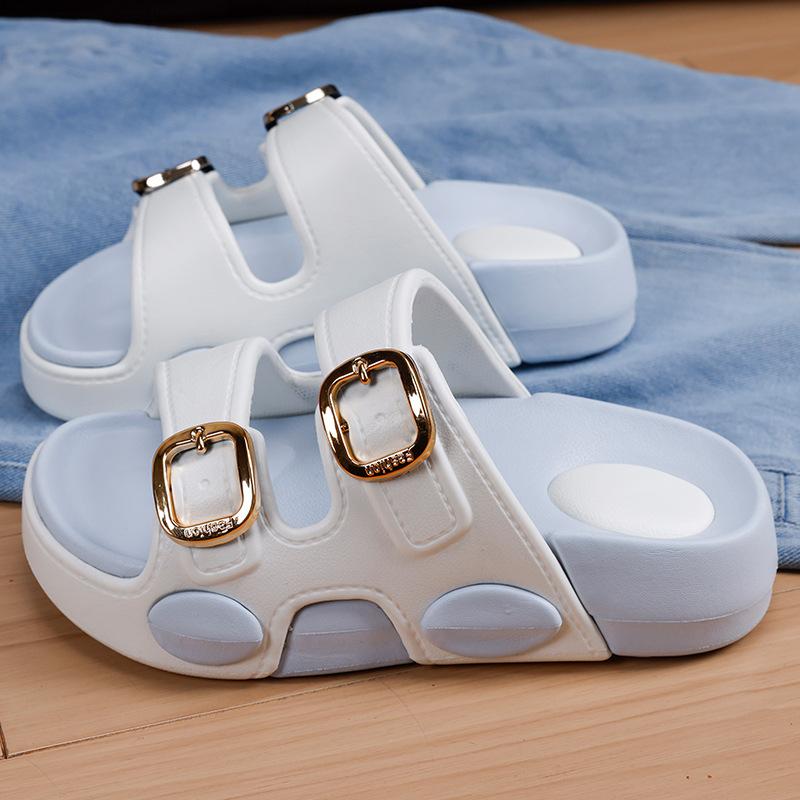 New Two-tone Double Buckle Strap Women Slides Non-slip Thick EVA Platform Casual Indoor Outdoor Slippers