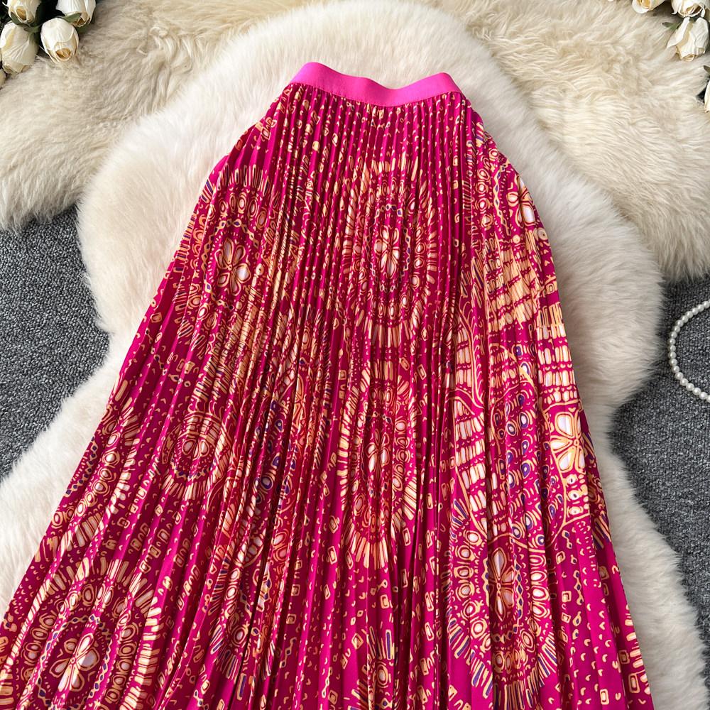 Весна Лето Женская Элегантная Юбка Макси с Принтом, Эластичной Талией и Плиссировкой для Пляжного Отдыха, Только Один Размер