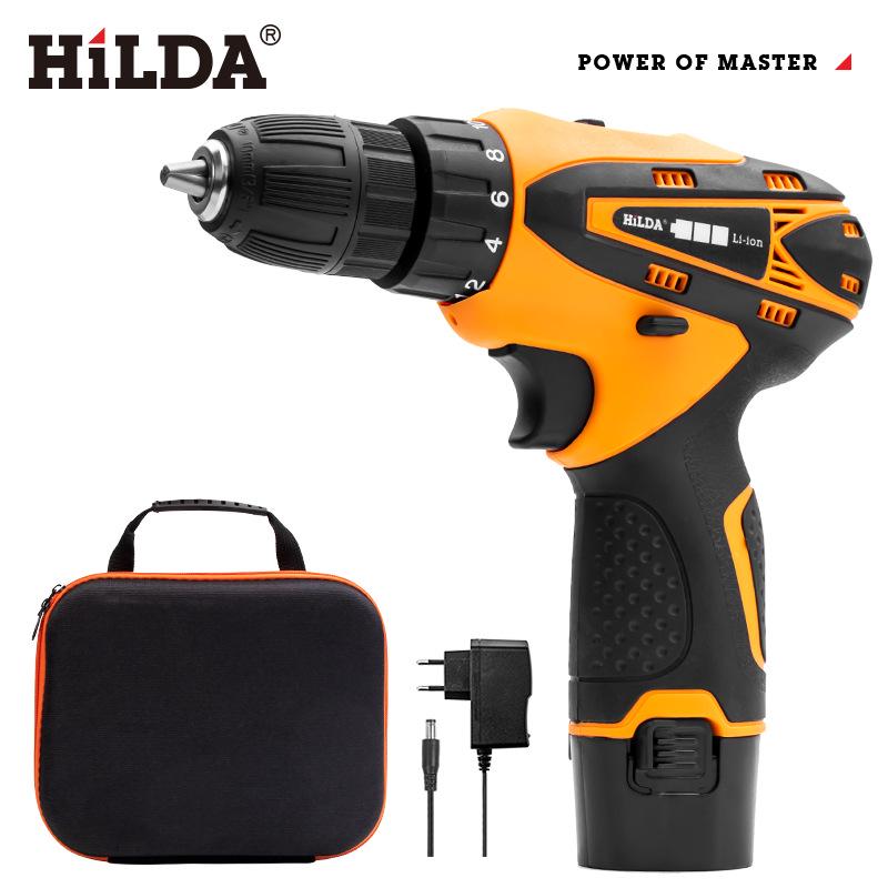 Hilda 12V Dual-Speed Cordless Screwdriver Drill with Rechargeable Lithium Battery, LED Light, and 2 Waterproof Hand Pieces