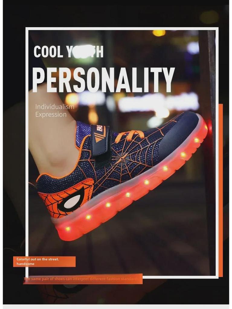 Best-Selling Children's LED Light-Up Shoes – USB Rechargeable Spider Design Sports Sneakers for Boys and Girls