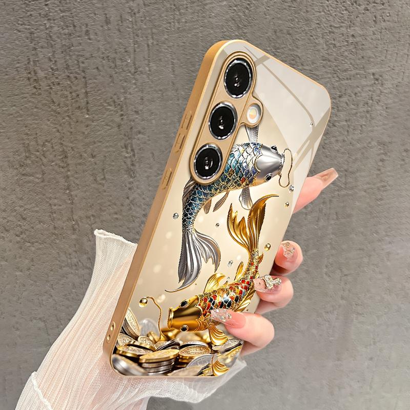 Чехол-бампер 2D с узором «Двойная карпа на удачу» для Samsung S26 S25 S24 S23 S22 S21 S20 A56 A36 A16 Золотой Стеклянная Защитная Крышка
