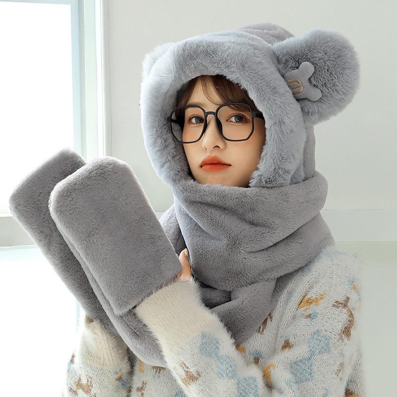 Women's Cozy Fox Ear Plush Hat with Integrated Scarf - Warm, Soft Lei Feng Design for Autumn and Winter. Perfect Ear Protection for Students.