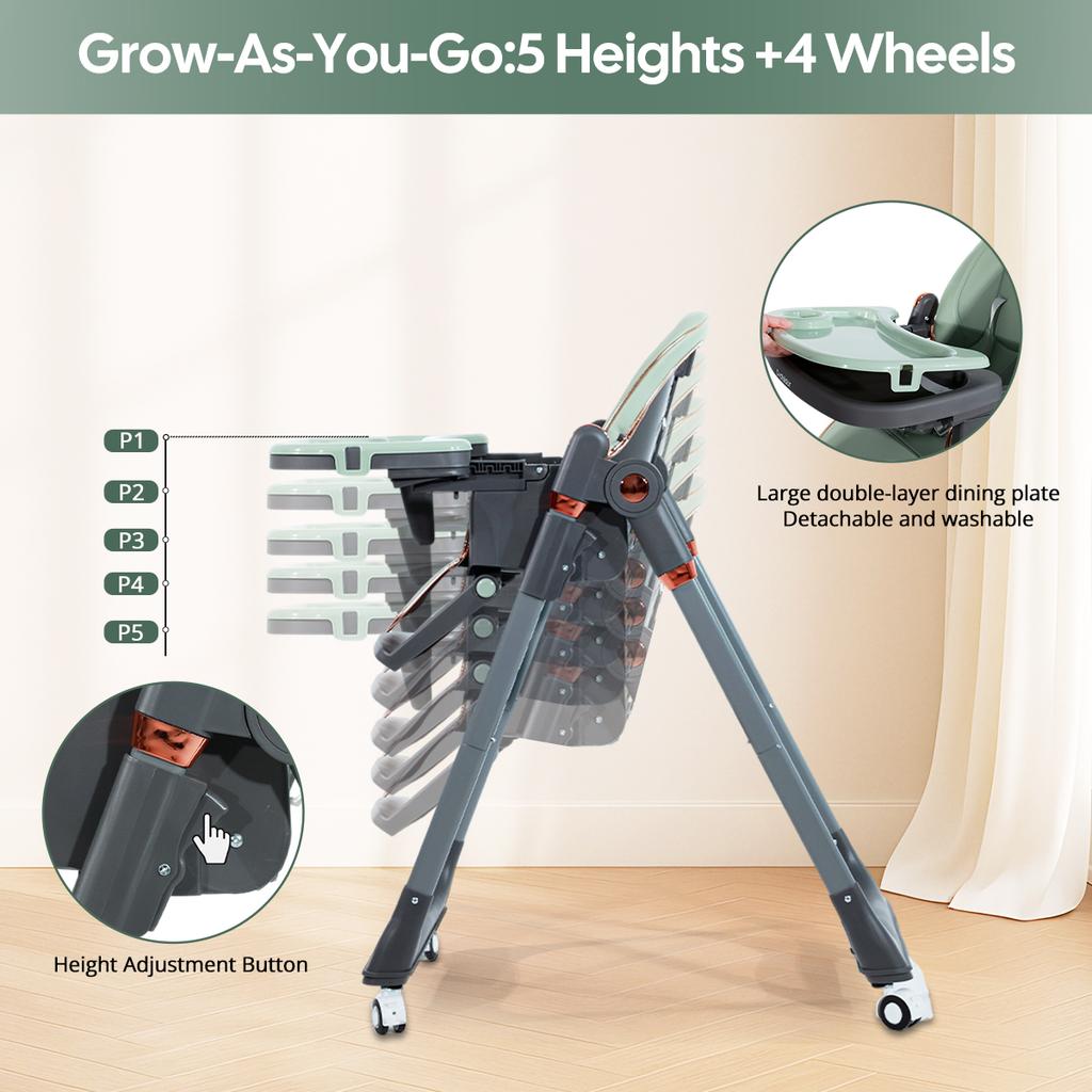 Foldable Baby High Chair, Multi-functional baby high chair, suitable for 6 to 36 months, easy to clean
