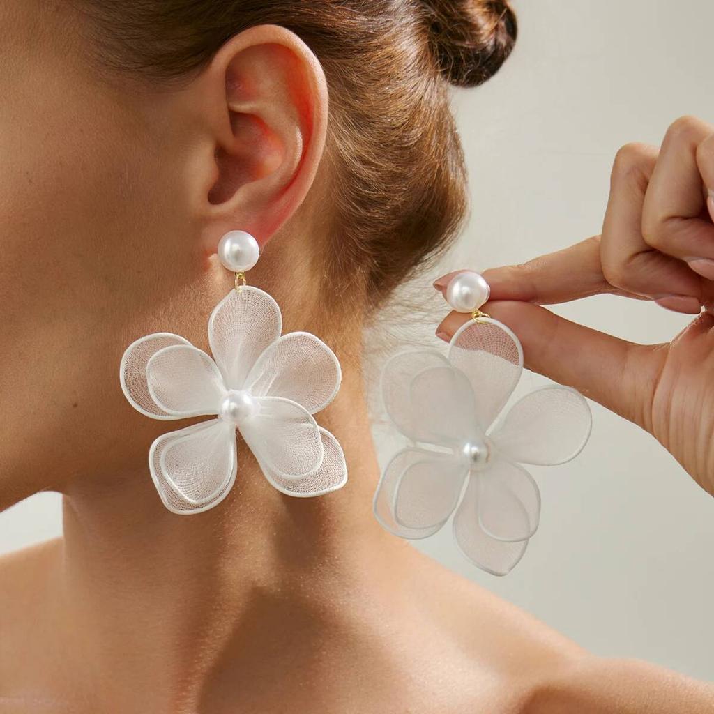 Ingemark Exquisite Elegant Imitation Pearl Mesh Flower Drop Earrings Women Romantic Minimalist Piercing Wed Bride New Jewelry