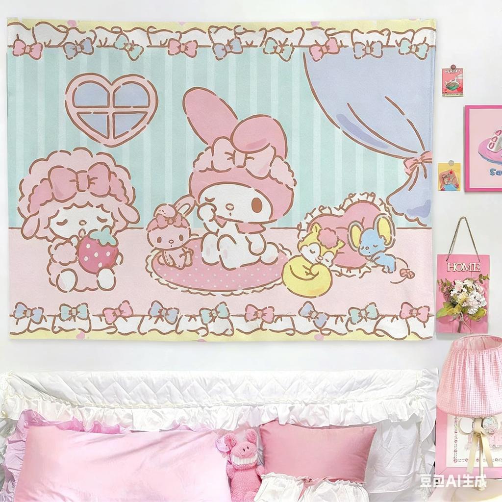 Kawaii Bunny Sheep Cartoon Tapestry Pastel Toy Print Polyester Wall Hanging Sweet Pink Themed Home Decor for Bedroom Dorm