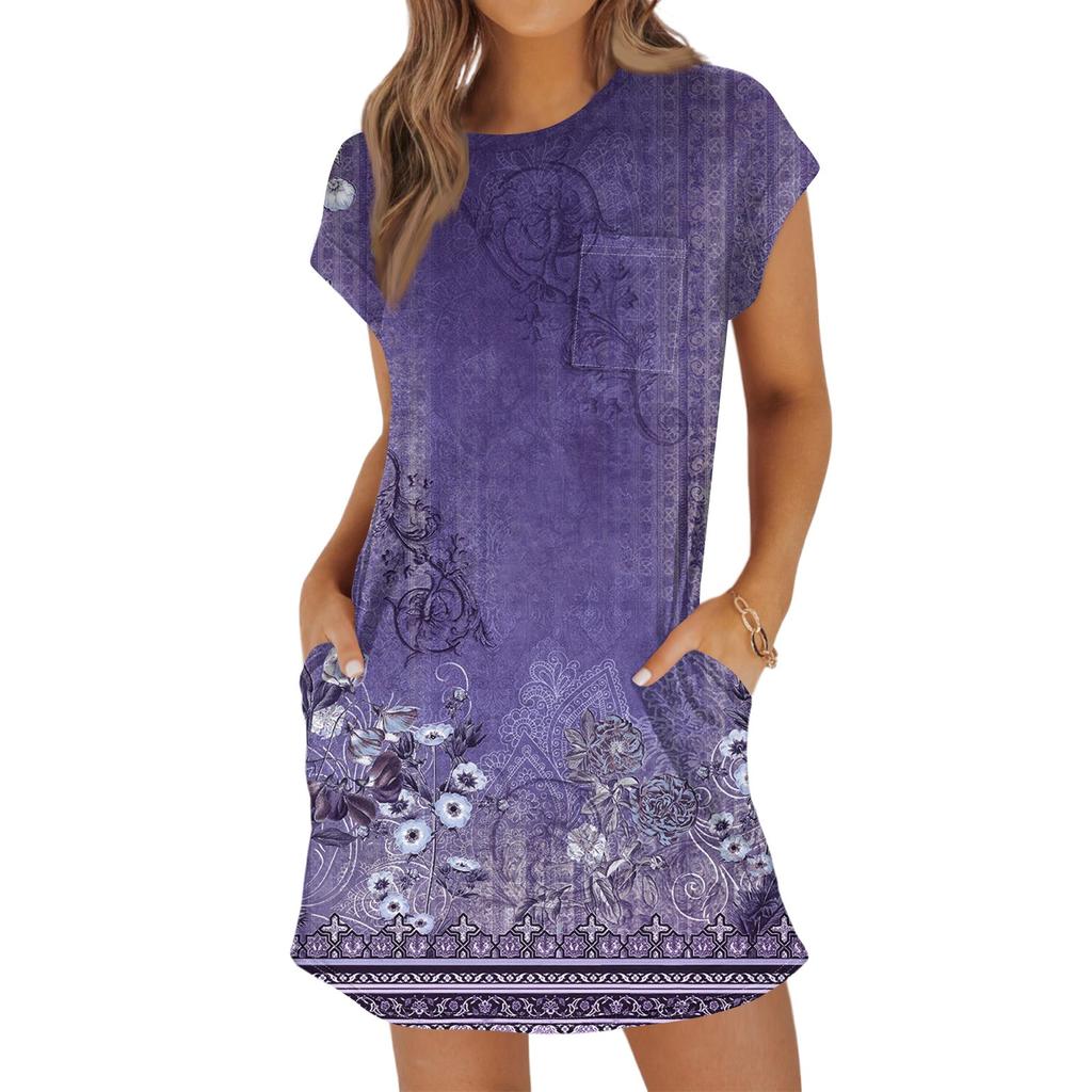 Женская мода повседневная летняя винтажная цветочная печать короткий рукав круглый вырез свободное платье с карманами