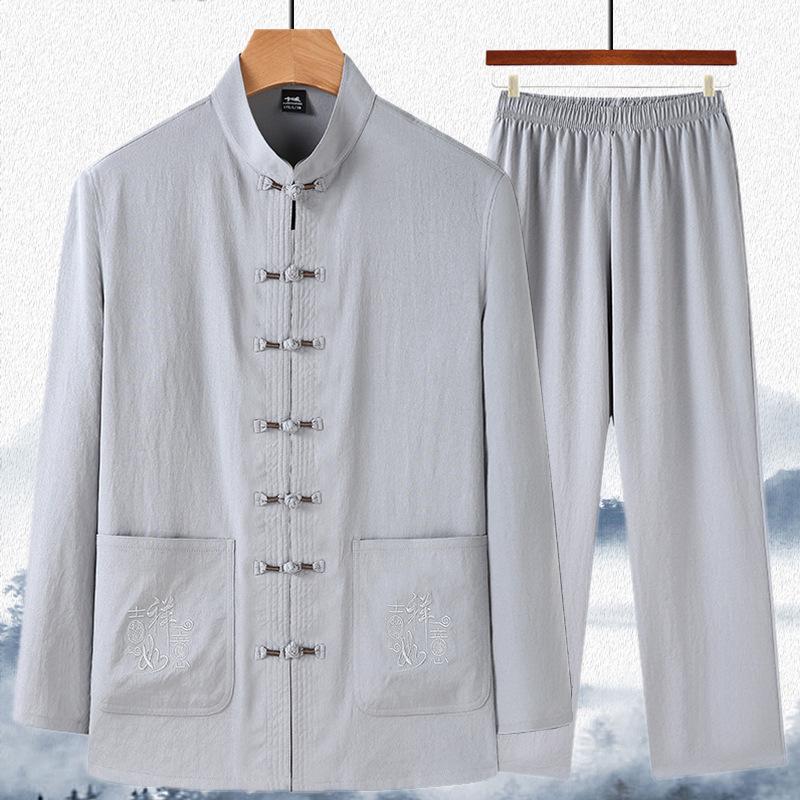 Мужской танский костюм с длинным рукавом: Ханьфу в китайском стиле для весны/лета - Идеально для среднего и пожилого возраста, рубашка для тай-чи для папы и дедушки