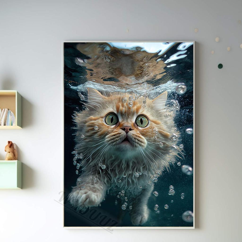 Funny Cute Swimming Cats Pictures For Cat Lovers Room Living Canvas Painting Art Home Wall Decor Print Aesthetics Posters Gift