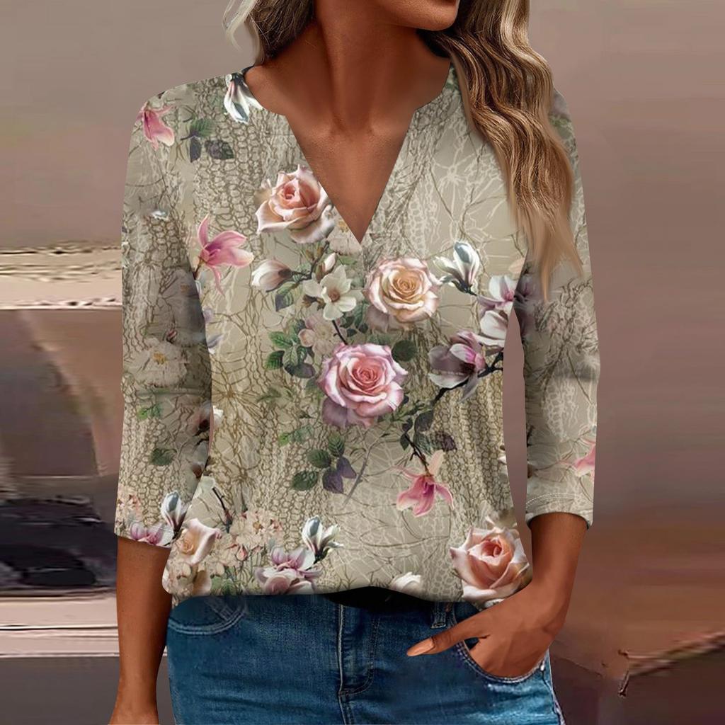 Women's T Shirt Tee Print Button  3/4 Sleeve Daily Weekend Fashion Basic V- Neck Regular Top