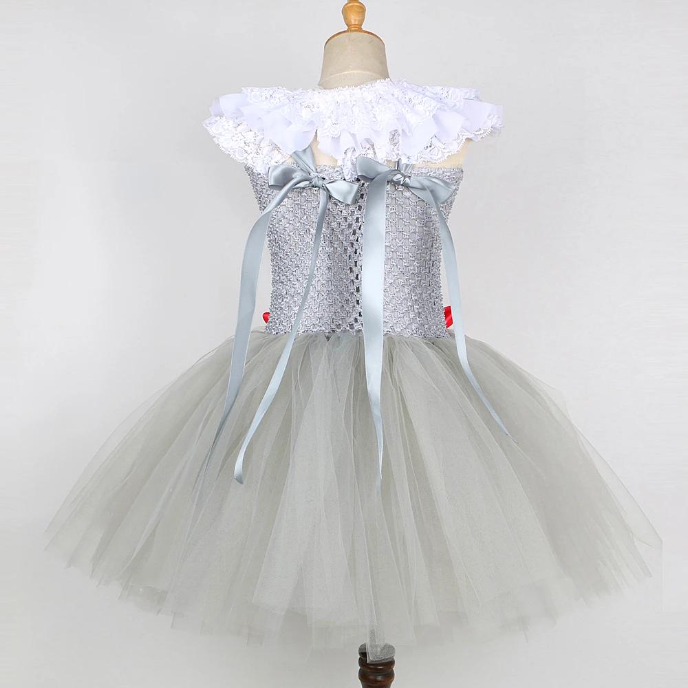 Creepy Clown Pennywise Costume for Girls Halloween Tutu Dress Set Toddler Kids Fancy Carnival Party Gray Joker Dress Up Clothes