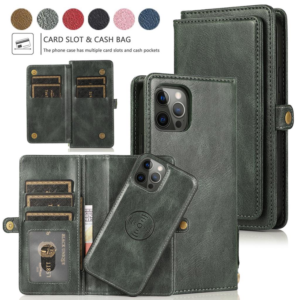 Detachable Multi Card Flip Magnetic Wallet Leather Case for iPhone 15 14 13 12 Pro Max Xs Max XR 8 7Plu Samsung S23 S22 S21 Ultra Plus A14 A13 A52 A53
