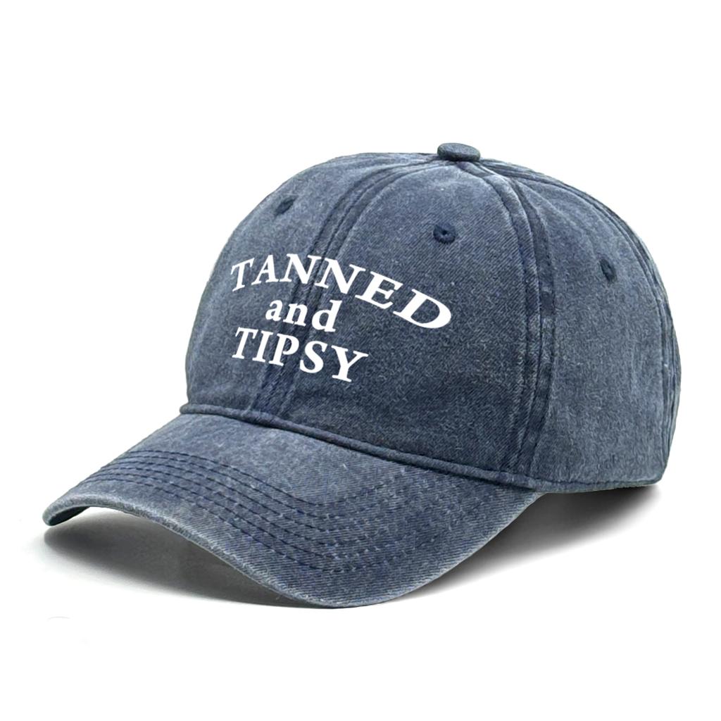 Unisex Adjustable Sun Hat "Tanned and Tipsy" Print Trucker Cap Distressed Retro Outdoor Snapback Baseball Caps One Size Fits All