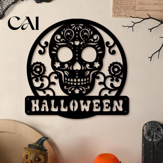 Indoor Home Wall Decor Skull Metal Door Sign, Gothic Spooky Skeleton Head Hanging Entrance Ornament Art for Man Cave, Bar, Bedroom, Garage,