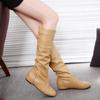 Women Leather Mid Calf Boots Casual Slip On Autumn Winter Wedge Long Fashion Pleated Round Toe Black High Female
