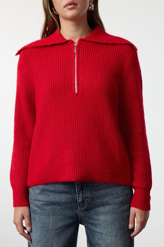 Women's Fashionable Stylish Sweater Red Wool Wide Fit Turn-down Collar Zippered Knitwear Sweater