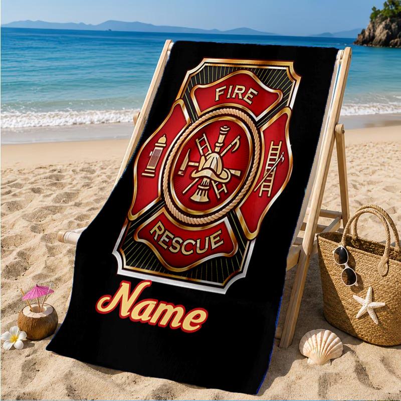 Custom Name Firefighter's Pride Badge Beach Towel Microfiber Beach Towel, Lightweight and Quick-Dry, for Summer Travel, Swimming Pool Gift