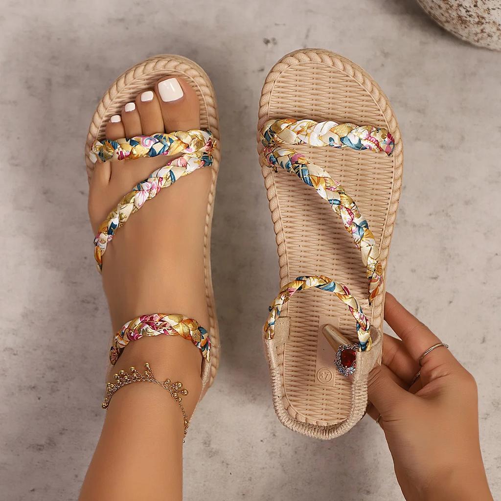 Fashion Floral Printing Flat Sandals for Women Summe Lightweight Slip On Beach Shoes Woman Braided Band Bohemian Sandalas Mujer